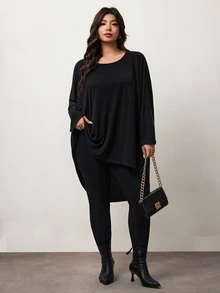 Enliva Plus Size Batwing Asymmetrical Tunic Tee Apple Fall - Black - View 5