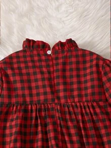 SHEIN 女童家庭套裝可愛紅黑格紋長袖洋裝，兒童休閒生日公主風大蝴蝶結荷葉邊飾邊，寬鬆版型，優雅秋季款 - 彩色 - 查看 5