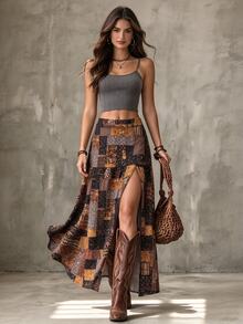LUMIGAL Rok Panjang Belahan Tinggi Motif Bohemian Vintage untuk Wanita - Coffee Brown - View 5