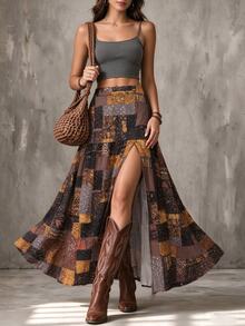 LUMIGAL Rok Panjang Belahan Tinggi Motif Bohemian Vintage untuk Wanita - Coffee Brown - View 4