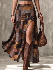 LUMIGAL Rok Panjang Belahan Tinggi Motif Bohemian Vintage untuk Wanita - Coffee Brown - View 1