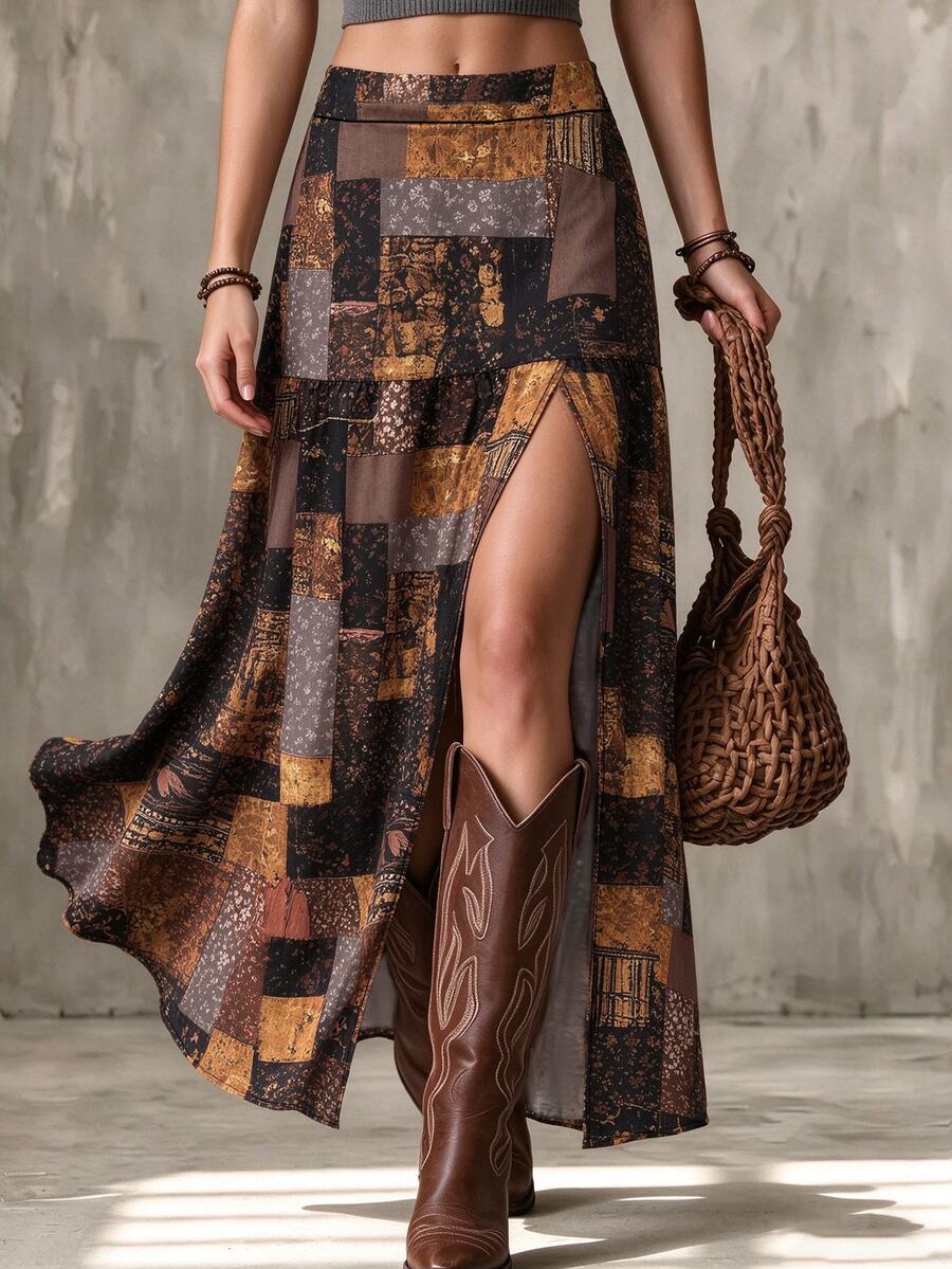 LUMIGAL Rok Panjang Belahan Tinggi Motif Bohemian Vintage untuk Wanita - Coffee Brown - View 1