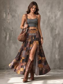 LUMIGAL Rok Panjang Belahan Tinggi Motif Bohemian Vintage untuk Wanita - Coffee Brown - View 6