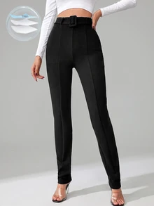 SHEIN Tall Women's High Waisted Belted Skinny Pants, Tall Women - Black - View 1