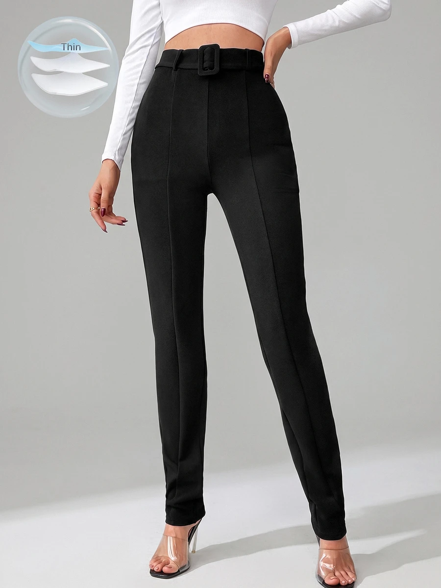 SHEIN Tall Women's High Waisted Belted Skinny Pants, Tall Women - Black - View 1