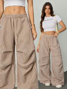 SHEIN Tall Women's Autumn Basic White And Brown Wide Leg Sweatpants, Tall Women Daily Casual - Khaki - View 8