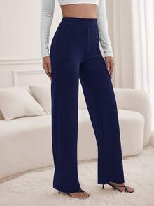 SHEIN Tall Letter Patched Detail Slant Pocket Pants, Tall Women - Navy Blue - View 6