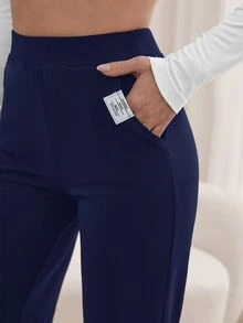 SHEIN Tall Letter Patched Detail Slant Pocket Pants, Tall Women - Navy Blue - View 4
