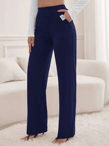 SHEIN Tall Letter Patched Detail Slant Pocket Pants, Tall Women - Navy Blue - View 7