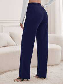 SHEIN Tall Letter Patched Detail Slant Pocket Pants, Tall Women - Navy Blue - View 2