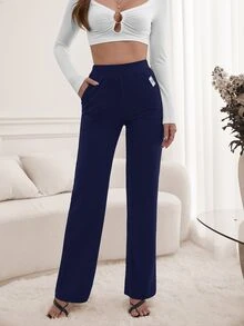 SHEIN Tall Letter Patched Detail Slant Pocket Pants, Tall Women - Navy Blue - View 3