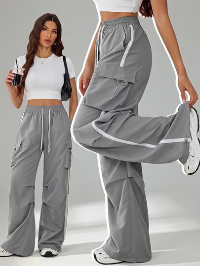 SHEIN Tall Women's Autumn Streetwear Athletic Baggy Low Waisted Sport Basic Flap Pocket Side Drawstring Waist Parachute Grey Cargo Pants Back-To-School Going Out