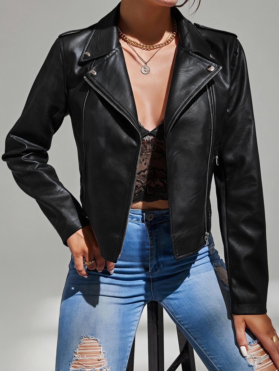SHEIN Tall Chaqueta con cremallera de PU para otoño/invierno, para mujeres altas