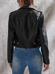SHEIN Tall Chaqueta con cremallera de PU para otoño/invierno, para mujeres altas - Negro - Ver 3