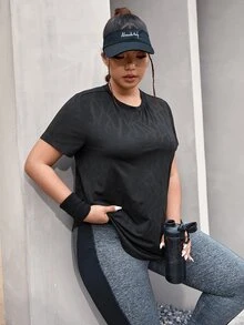 Rhythm Era تي شيرت رياضي مطبوع بنمط هندسي مقاس كبير مع حافة منحنية للنساء - الأسود - مشاهدة 5