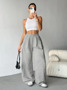SHEIN Tall 女款秋季街頭時尚休閒復古燈芯絨紋理長版寬鬆長褲，感恩節灰色運動鬆弛風，適合休閒穿著，適合高個女性 - 灰色 - 查看 6