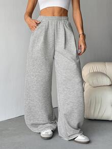 SHEIN Tall 女款秋季街頭時尚休閒復古燈芯絨紋理長版寬鬆長褲，感恩節灰色運動鬆弛風，適合休閒穿著，適合高個女性 - 灰色 - 查看 3