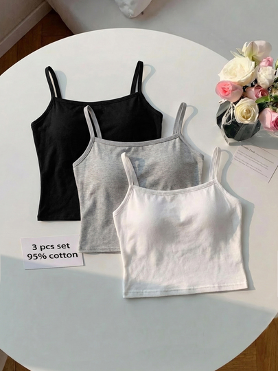SHEIN Tween Girl Simple Comfortable Basic Cotton Knit Plain Camisole Bra 3pcs Set White Tween Girl
