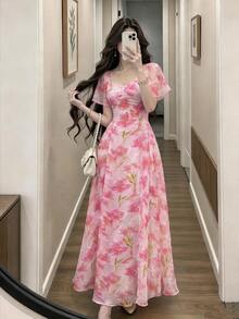Modelyn Watercolor Floral Print Square Neck Flutter Sleeve Maxi Dress, Fashionable Waist Cinched Vacation Style Chiffon Floral Dress, Suitable For Summer Holiday And Daily Wear - Multicolor - View 1