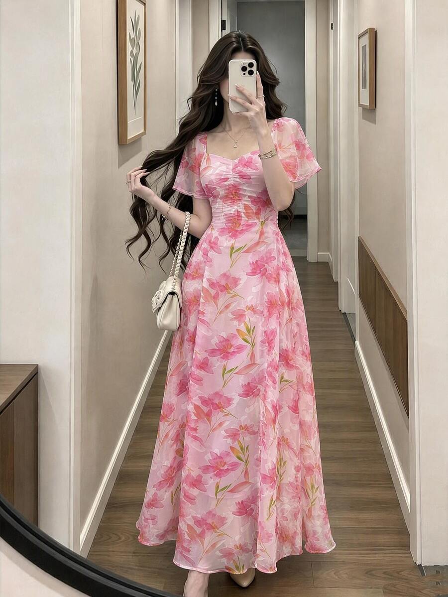 Modelyn Watercolor Floral Print Square Neck Flutter Sleeve Maxi Dress, Fashionable Waist Cinched Vacation Style Chiffon Floral Dress, Suitable For Summer Holiday And Daily Wear - Multicolor - View 1