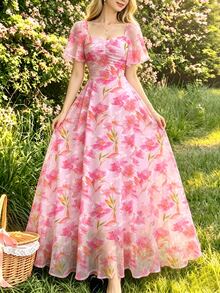 Modelyn Watercolor Floral Print Square Neck Flutter Sleeve Maxi Dress, Fashionable Waist Cinched Vacation Style Chiffon Floral Dress, Suitable For Summer Holiday And Daily Wear - Multicolor - View 3