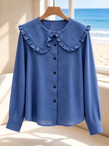 GlowEve CURVE Blue Peter Pan Collar Peter Pan Collar Women's Blouse Fall - Blue - View 5