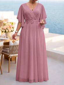 Fleurora Plus Size Dusty Pink Lace 3D Floral Dress Spring Summer Shiny Curve For Wedding Formal Christening Guest Dates Mother Of The Bride Evening Banquet - Dusty Pink - View 3