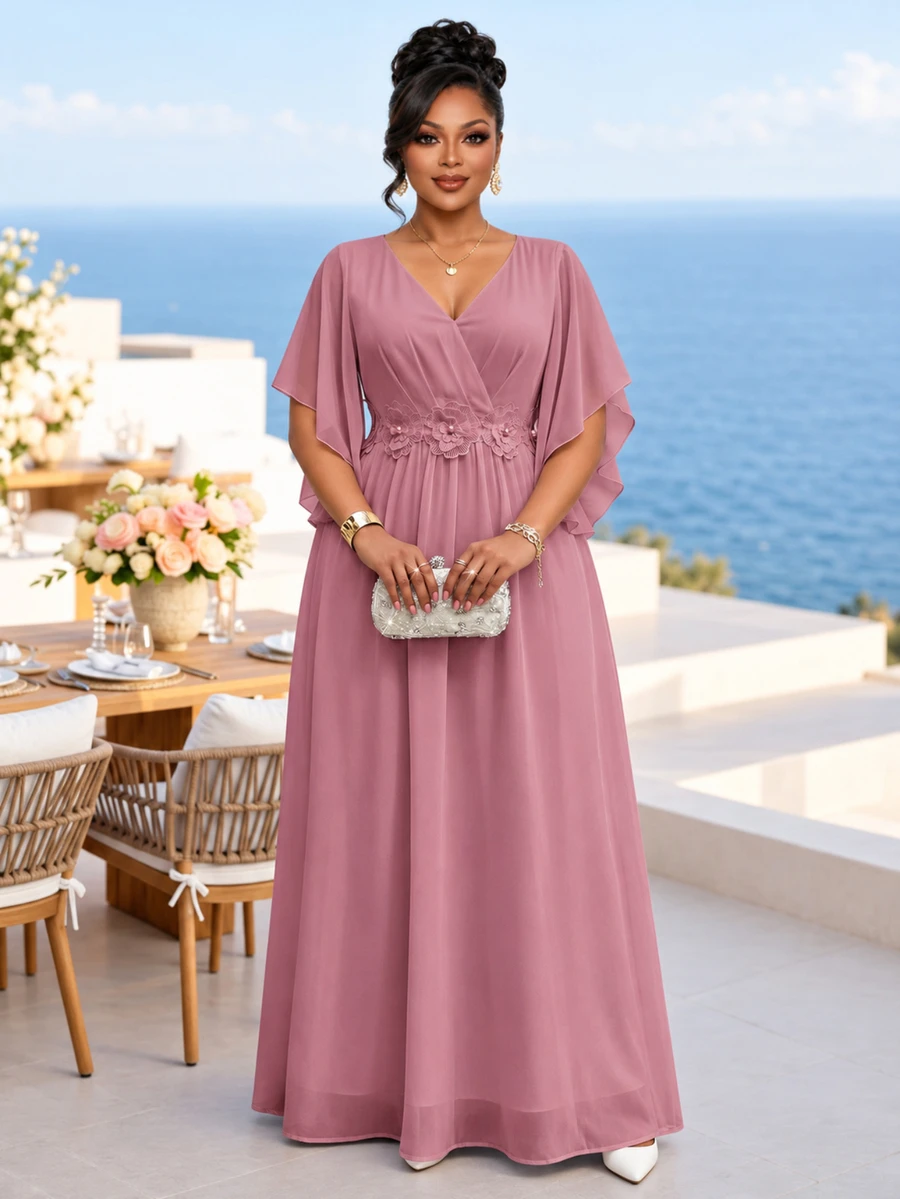 Fleurora Plus Size Dusty Pink Lace 3D Floral Dress Spring Summer Shiny Curve For Wedding Formal Christening Guest Dates Mother Of The Bride Evening Banquet - Dusty Pink - View 1