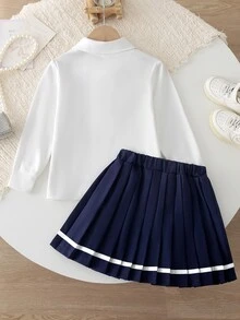 SHEIN Elladie kids 少女學院風 2 件套 白色長袖領口蝴蝶結上衣 + 海軍藍百褶裙，學院 JK 制服風格，適合女孩子開學季校服禮物、日常休閒穿著、外出、姐妹聚會、派對等多種場合 - 白色 - 查看 2