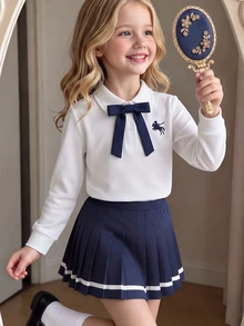 SHEIN Elladie kids 少女學院風 2 件套 白色長袖領口蝴蝶結上衣 + 海軍藍百褶裙，學院 JK 制服風格，適合女孩子開學季校服禮物、日常休閒穿著、外出、姐妹聚會、派對等多種場合 - 白色 - 查看 3