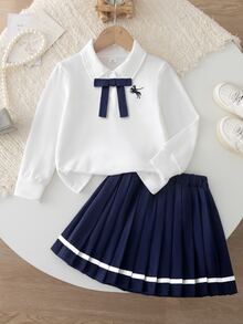 SHEIN Elladie kids 少女學院風 2 件套 白色長袖領口蝴蝶結上衣 + 海軍藍百褶裙，學院 JK 制服風格，適合女孩子開學季校服禮物、日常休閒穿著、外出、姐妹聚會、派對等多種場合 - 白色 - 查看 4