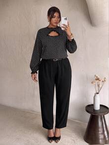 Firerie Plus Size Women Lace Patchwork Polka Dot Long Sleeve Top And Pants Casual Daily 2 Pieces Set Fall - Black and White - View 5