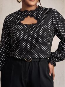 Firerie Plus Size Women Lace Patchwork Polka Dot Long Sleeve Top And Pants Casual Daily 2 Pieces Set Fall - Black and White - View 4