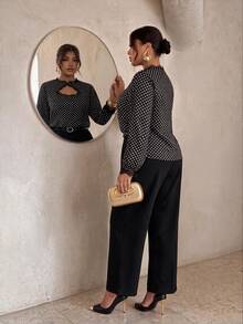 Firerie Plus Size Women Lace Patchwork Polka Dot Long Sleeve Top And Pants Casual Daily 2 Pieces Set Fall - Black and White - View 2