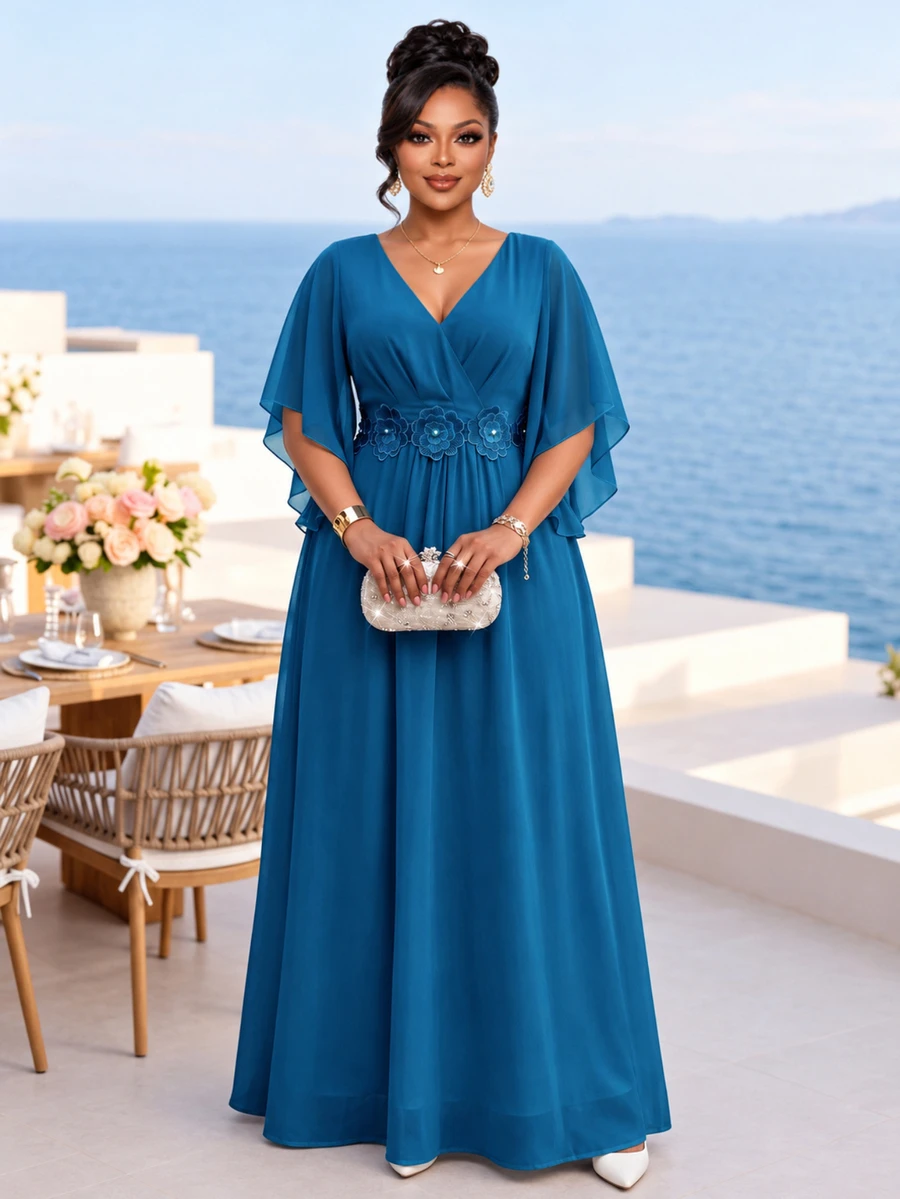 Fleurora Light Blue Plus Size Lace 3D Floral Spring/Summer Shiny Curve Dress For Wedding Christening Guest Dinner Evening Formal Banquet Cocktail Party Elegant - Teal Blue - View 1
