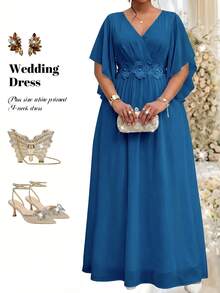 Fleurora Light Blue Plus Size Lace 3D Floral Spring/Summer Shiny Curve Dress For Wedding Christening Guest Dinner Evening Formal Banquet Cocktail Party Elegant - Teal Blue - View 6