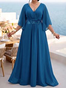 Fleurora Light Blue Plus Size Lace 3D Floral Spring/Summer Shiny Curve Dress For Wedding Christening Guest Dinner Evening Formal Banquet Cocktail Party Elegant - Teal Blue - View 7