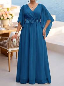 Fleurora Light Blue Plus Size Lace 3D Floral Spring/Summer Shiny Curve Dress For Wedding Christening Guest Dinner Evening Formal Banquet Cocktail Party Elegant - Teal Blue - View 4