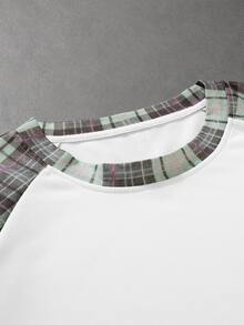 Manfinity Roghcode PAVTROS 男士迷彩拼接字母印花落肩袖 T-shirt，休閒街頭風，個性化，街舞、滑板、饒舌、塗鴉，寬鬆版型，度假禮物，中性款，情侶穿搭 - 彩色 - 查看 4
