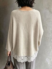 SHEIN Women's Lace Patchwork Casual Versatile Daily Wear Long Sleeve Sweater Brunch Apricot Autumn Renaissance - Khaki - View 2
