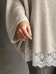 SHEIN Women's Lace Patchwork Casual Versatile Daily Wear Long Sleeve Sweater Brunch Apricot Autumn Renaissance - Khaki - View 6