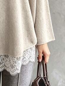 SHEIN Women's Lace Patchwork Casual Versatile Daily Wear Long Sleeve Sweater Brunch Apricot Autumn Renaissance - Khaki - View 4
