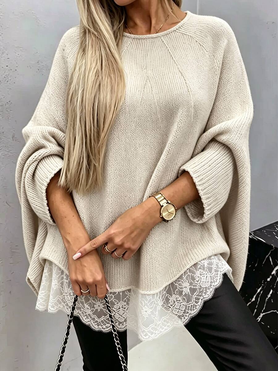 SHEIN Women's Lace Patchwork Casual Versatile Daily Wear Long Sleeve Sweater Brunch Apricot Autumn Renaissance - Khaki - View 1