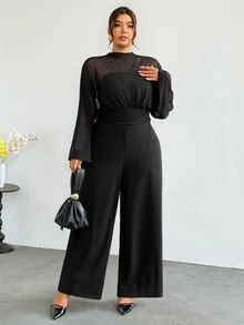 Firerie Plus Size Women's Solid Color Casual Elegant Daily Wear Jumpsuit Cocktail Party Formal Black Autumn Fall, Fall/Winter, Thanksgiving, New Year, Disco - Black - View 5