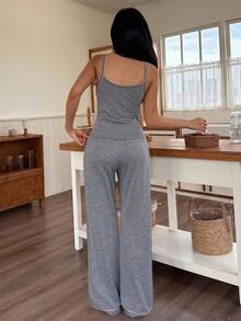 SHEIN 2pcs Women Contrast Trim Camisole Top & Straight Leg Pants Pajama Set Two Piece Lounge Set Casual For Women, Outfits - Grey - View 2