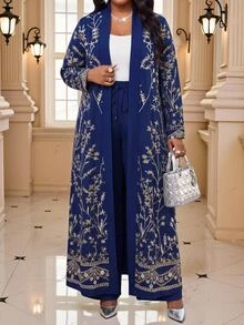 Fleurora Women's Plus Size Elegant Drawstring Pants And Floral Embroidered Long Sleeve Cover Up 2 Pieces Set Party Dinner Formal Navy Blue Fall - Navy Blue - View 4