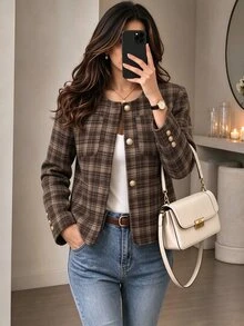 Yalmera Fall Clothes FOR WomenWomen's Winter Fashion Plaid Overcoat - Coffee Brown - View 4