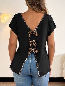 Vionelle Plus Size Women's Backless V-Neck Bowknot Back T-Shirt, Elegant Casual - Multicolor - View 2