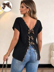 Vionelle Plus Size Women's Backless V-Neck Bowknot Back T-Shirt, Elegant Casual - Multicolor - View 1