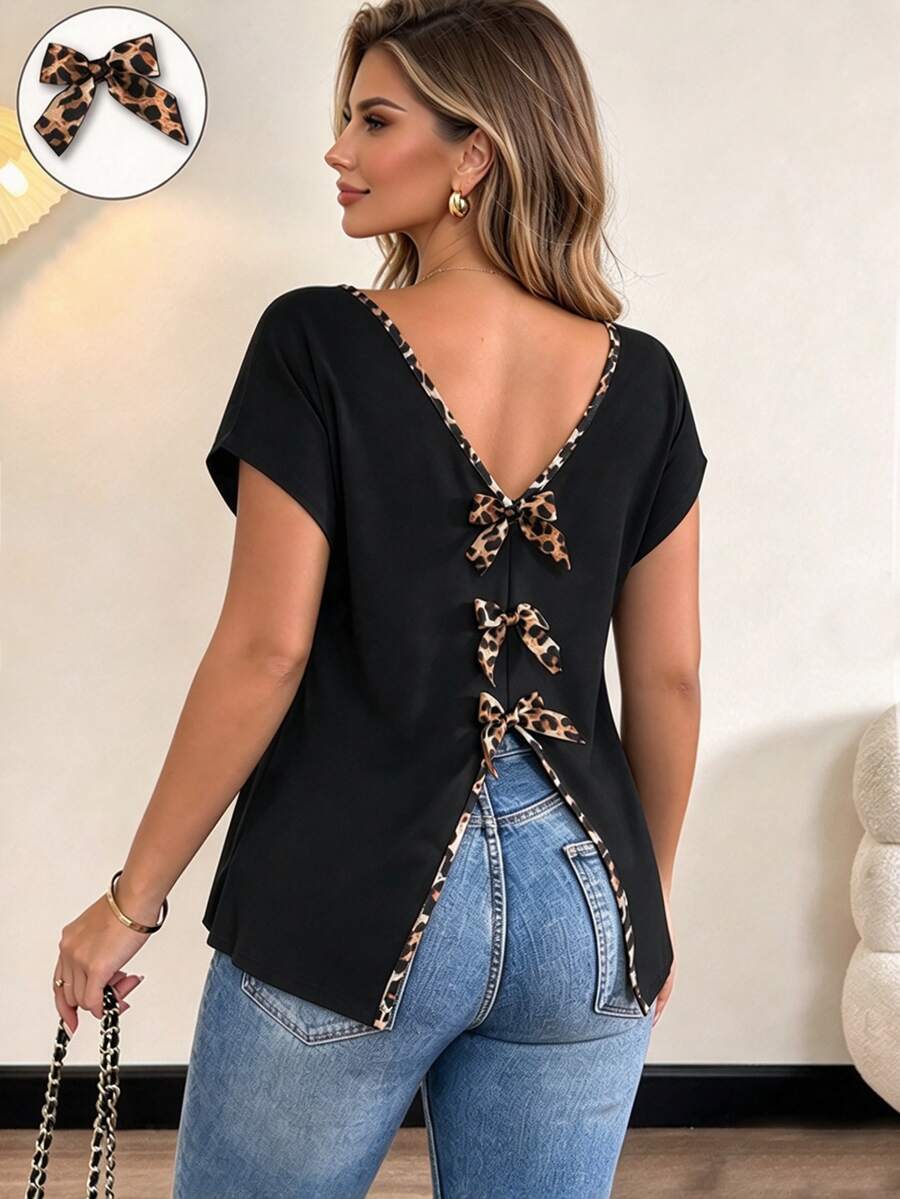Vionelle Plus Size Women's Backless V-Neck Bowknot Back T-Shirt, Elegant Casual - Multicolor - View 1